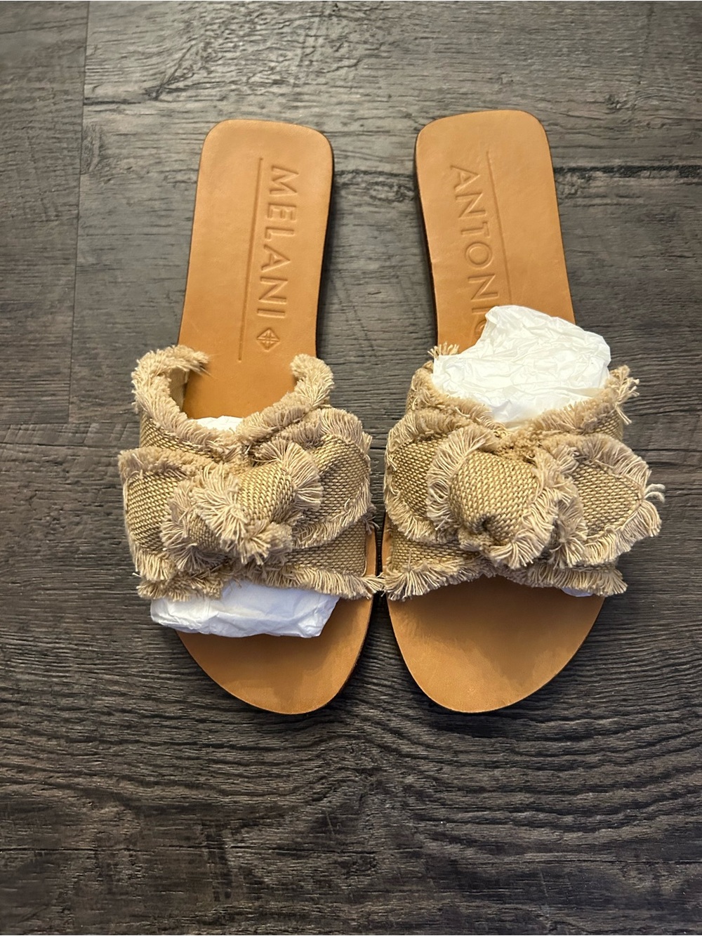 ANTONIO MELANI Beige Frayed Pom-Pom Slide Sandals